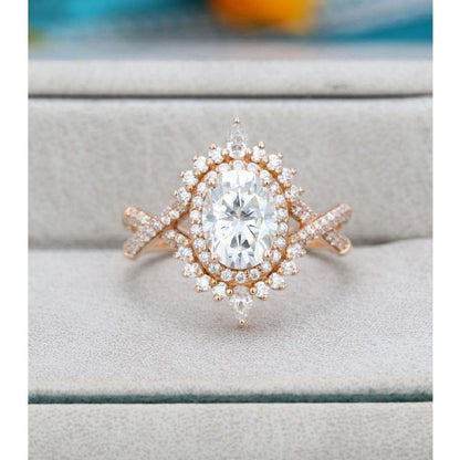 1.00CT Oval Cut Rose Gold Halo Unique Vintage Twisted Moissanite Engagement Ring - JBR Jeweler