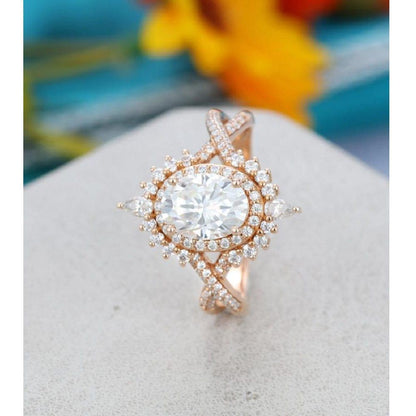 1.00CT Oval Cut Rose Gold Halo Unique Vintage Twisted Moissanite Engagement Ring - JBR Jeweler