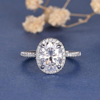 1.00CT Oval Cut White Gold Antique Retro Claw Prong Halo Moissanite Engagement Ring - JBR Jeweler