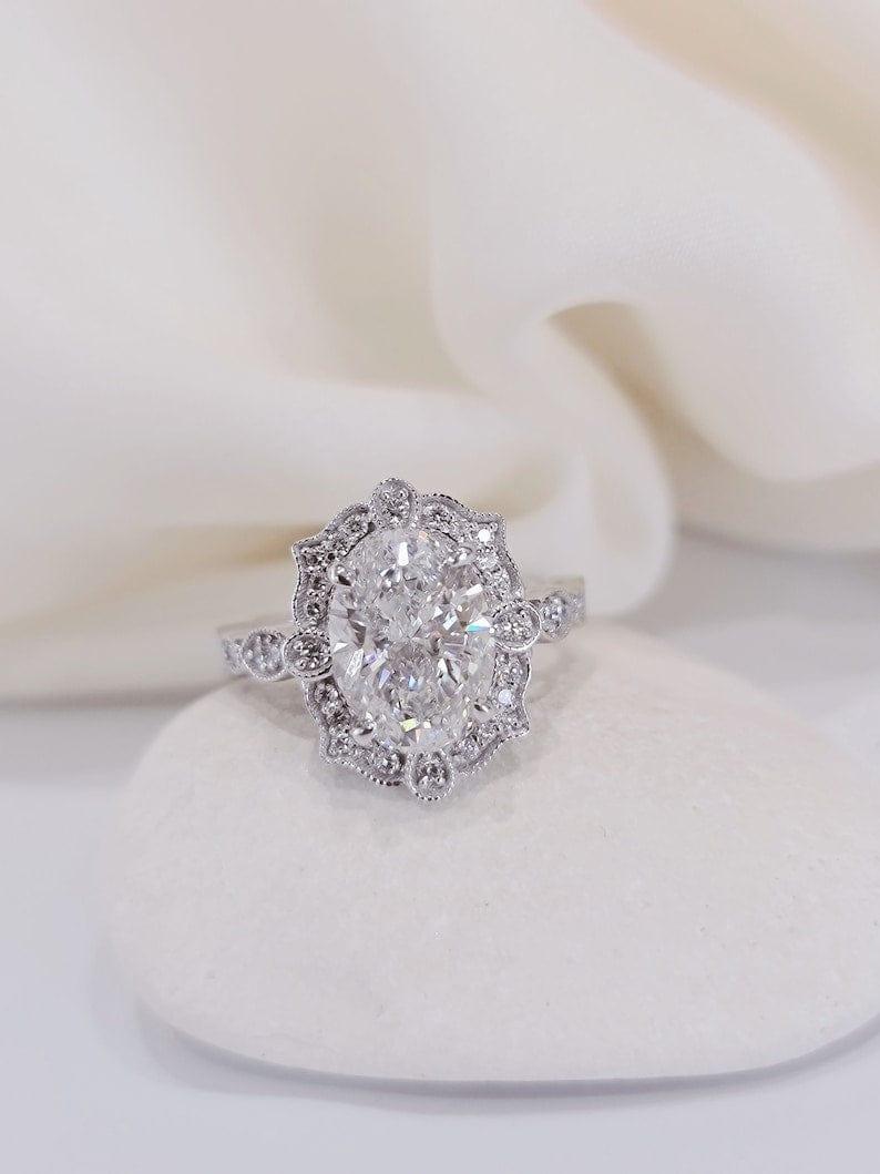 1.00Ct Oval Lab Diamond Vintage Milgrain Halo Engagement Ring
