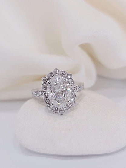 1.00Ct Oval Lab Diamond Vintage Milgrain Halo Engagement Ring - JBR Jeweler