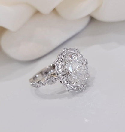 1.00Ct Oval Lab Diamond Vintage Milgrain Halo Engagement Ring - JBR Jeweler