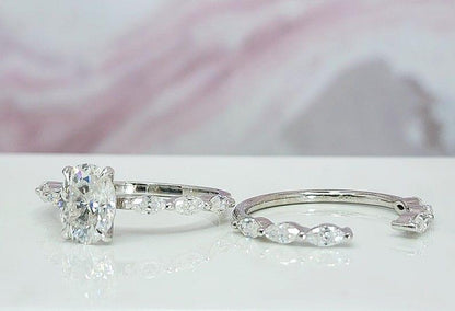 1.00Ct Oval Lab Grown Diamond Engagement Ring With Matching Open Stack Band Set - JBR Jeweler