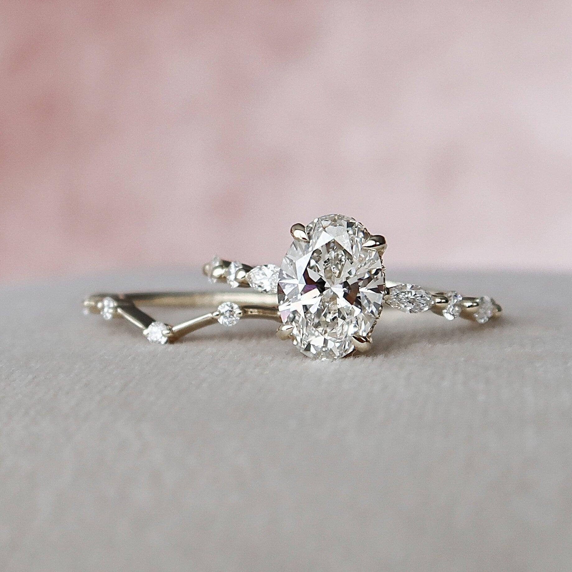 1.00CT Oval Lab-Grown Diamond Under Halo Bridal Set With Wedding Band(2Pcs)