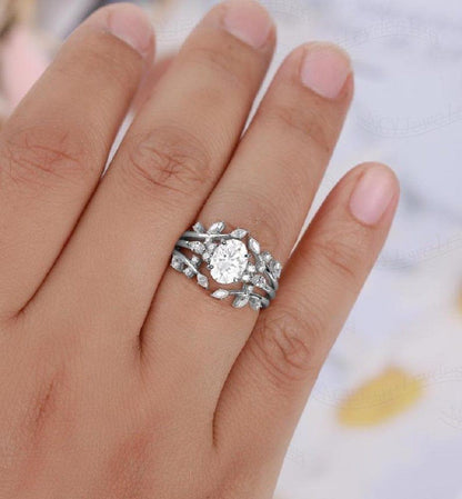 1.00CT Oval set Leaf Vintage Enhance Wedding Band Cluster Moissanite Engagement Ring - JBR Jeweler