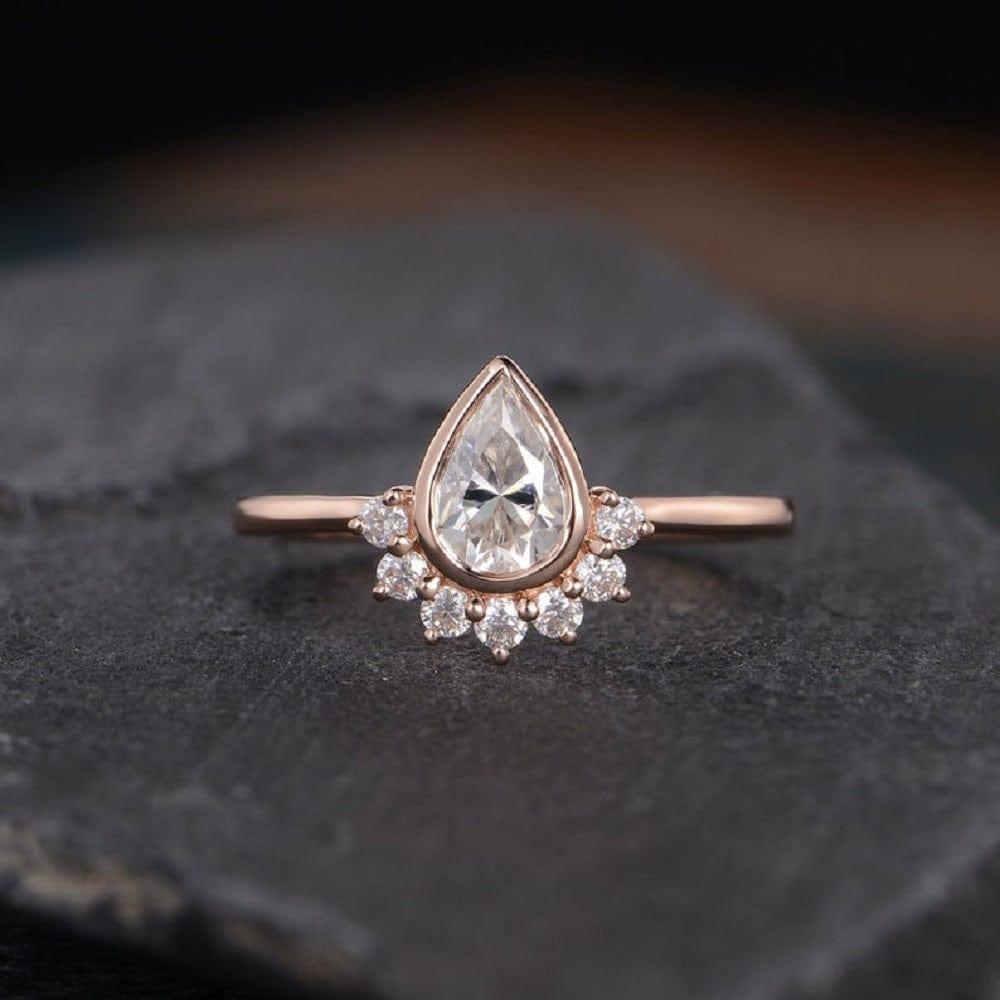 1.00CT Pear Cut Rose Gold Bridal Bezel Set Curved Crown Wedding Moissanite Engagement Ring - JBR Jeweler