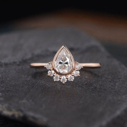 1.00CT Pear Cut Rose Gold Bridal Bezel Set Curved Crown Wedding Moissanite Engagement Ring - JBR Jeweler