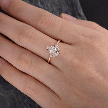 1.00CT Pear Cut Rose Gold Bridal Bezel Set Curved Crown Wedding Moissanite Engagement Ring - JBR Jeweler