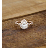 1.00CT Pear Cut Rose Gold Halo Set Milgrain Moissanite Engagement Ring For Women - JBR Jeweler