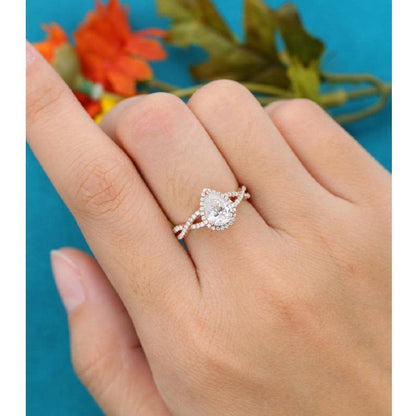 1.00CT Pear Cut Rose Gold Halo Set Twisted Diamond Moissanite Engagement Ring - JBR Jeweler