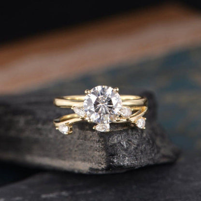 1.00CT Pear Cut Solitaire Yellow Gold Moissanite Engagement Ring Bridal Set - JBR Jeweler