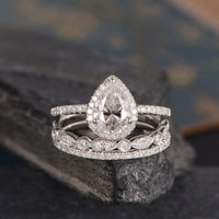 1.00CT Pear Cut White Gold Bridal Set Diamond Halo Antique Moissanite Engagement Ring - JBR Jeweler