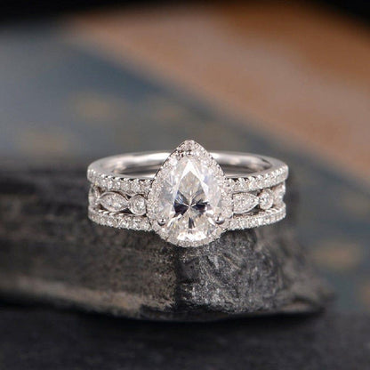 1.00CT Pear Cut White Gold Bridal Set Diamond Halo Antique Moissanite Engagement Ring - JBR Jeweler