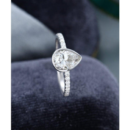 1.00CT Pear Cut White Gold Half Eternity Bezel Set Moissanite Engagement Ring - JBR Jeweler