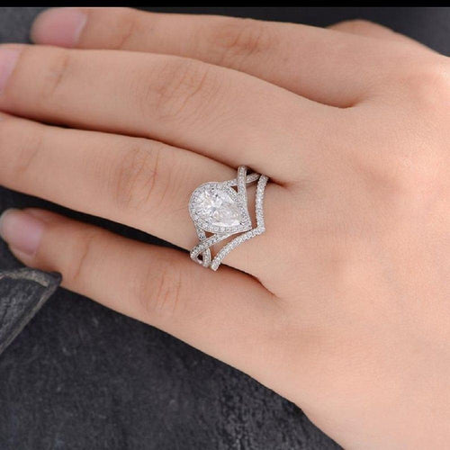 1.00CT Pear Cut White Gold Infinity Halo Promise Moissanite Engagement Ring With Stacking Band - JBR Jeweler