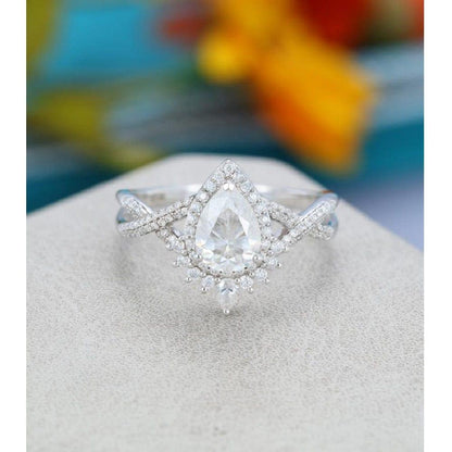 1.00CT Pear Cut White Gold Unique Halo Twisted Moissanite Engagement Ring For Women - JBR Jeweler