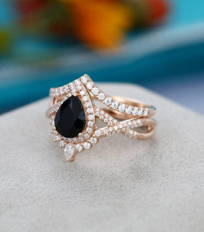 1.00CT Pear shaped Unique Rose gold Curved Band Black Moissanite engagement ring - JBR Jeweler