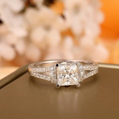 1.00CT Princess Cut White Gold Split Shank Moissanite Wedding Engagement Ring - JBR Jeweler