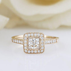 1.00CT Princess Cut Yellow Gold Vintage Halo Set Moissanite Engagement Ring - JBR Jeweler