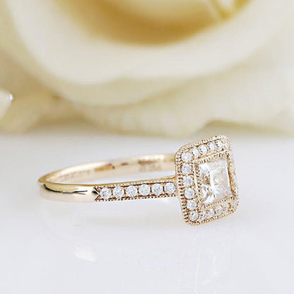 1.00CT Princess Cut Yellow Gold Vintage Halo Set Moissanite Engagement Ring - JBR Jeweler