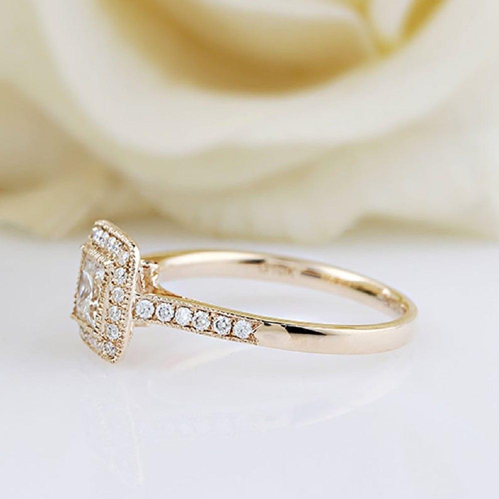 1.00CT Princess Cut Yellow Gold Vintage Halo Set Moissanite Engagement Ring - JBR Jeweler