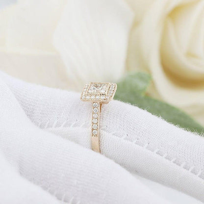 1.00CT Princess Cut Yellow Gold Vintage Halo Set Moissanite Engagement Ring - JBR Jeweler