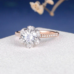 1.00Ct Round Cut Gold Unique Flower Halo Set Promise Moissanite Engagement Ring - JBR Jeweler