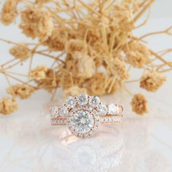 1.00Ct Round Cut Halo 14k Rose Gold Wedding Engagement Moissanite Bridal Set - JBR Jeweler