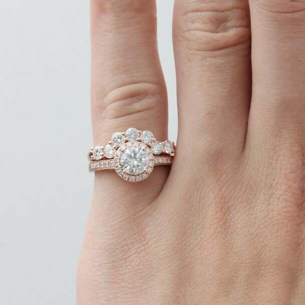 1.00Ct Round Cut Halo 14k Rose Gold Wedding Engagement Moissanite Bridal Set - JBR Jeweler