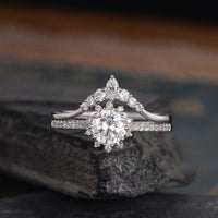 1.00CT Round Cut Halo Set Half Eternity Arrow Wedding Band Moissanite Engagement Ring - JBR Jeweler