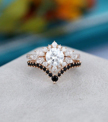 1.00CT Round Cut Rose Gold black Moissanite Curved Band Moissanite Engagement Ring Set - JBR Jeweler