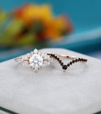 1.00CT Round Cut Rose Gold black Moissanite Curved Band Moissanite Engagement Ring Set - JBR Jeweler