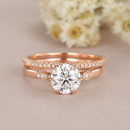 1.00CT Round Cut Rose Gold Bridal Moissanite Engagement Ring Stacking Band - JBR Jeweler