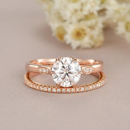 1.00CT Round Cut Rose Gold Bridal Moissanite Engagement Ring Stacking Band - JBR Jeweler