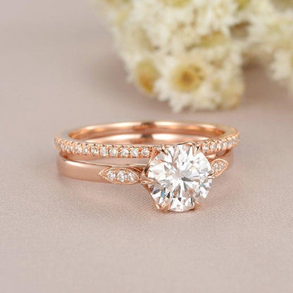 1.00CT Round Cut Rose Gold Bridal Moissanite Engagement Ring Stacking Band - JBR Jeweler