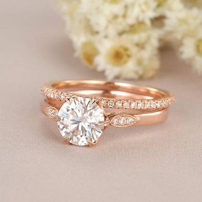 1.00CT Round Cut Rose Gold Bridal Moissanite Engagement Ring Stacking Band - JBR Jeweler