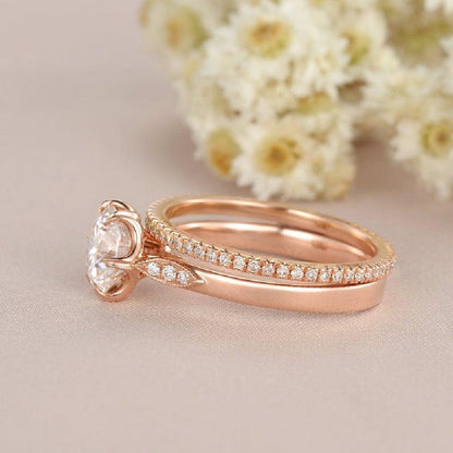 1.00CT Round Cut Rose Gold Bridal Moissanite Engagement Ring Stacking Band - JBR Jeweler