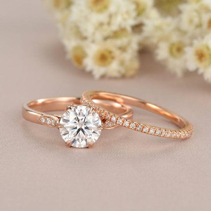 1.00CT Round Cut Rose Gold Bridal Moissanite Engagement Ring Stacking Band - JBR Jeweler