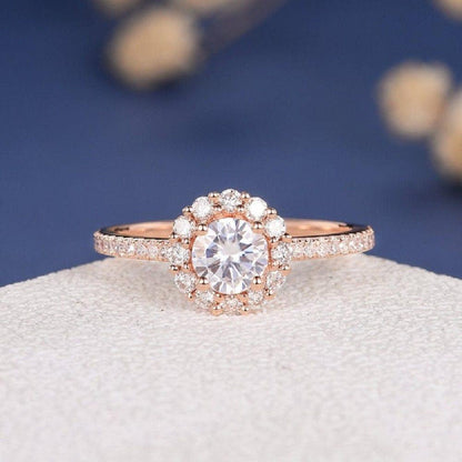 1.00CT Round Cut Rose Gold Cluster Classic Halo Antique Moissanite Engagement Ring - JBR Jeweler