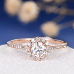 1.00CT Round Cut Rose Gold Cluster Classic Halo Antique Moissanite Engagement Ring - JBR Jeweler