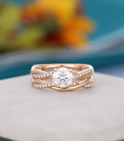 1.00Ct Round Cut Rose gold Half eternity Twisted wedding Moissanite Engagement Ring Set - JBR Jeweler