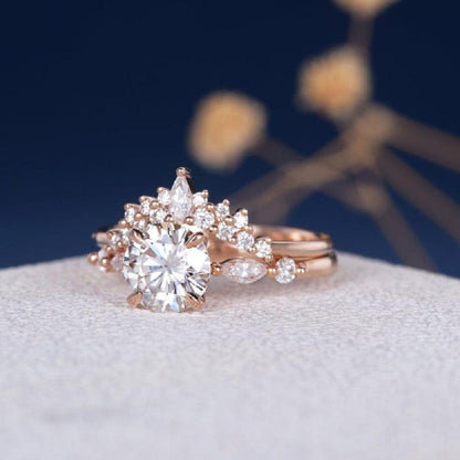 1.00CT Round Cut Rose Gold Moissanite Anniversary 2pcs Promise Bridal Ring Set - JBR Jeweler