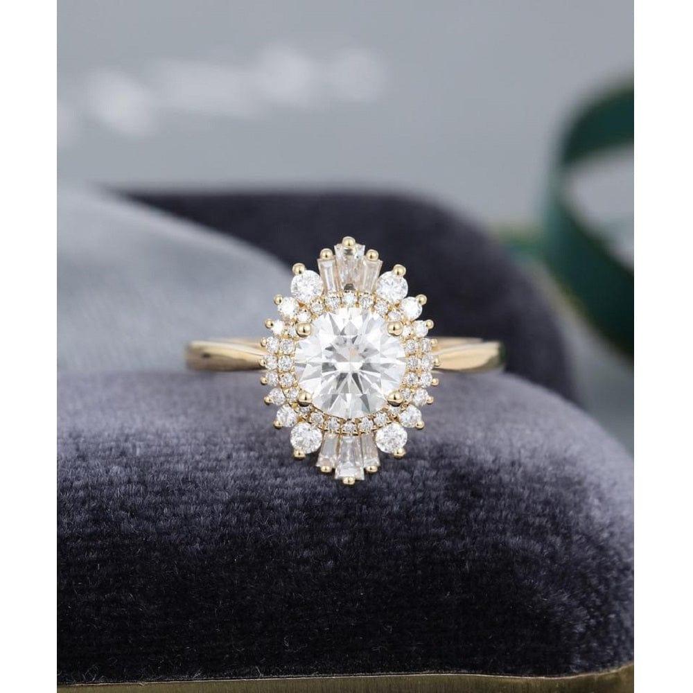 1.00CT Round Cut Vintage Halo Yellow Gold Baguette Moissanite Engagement Wedding Ring - JBR Jeweler