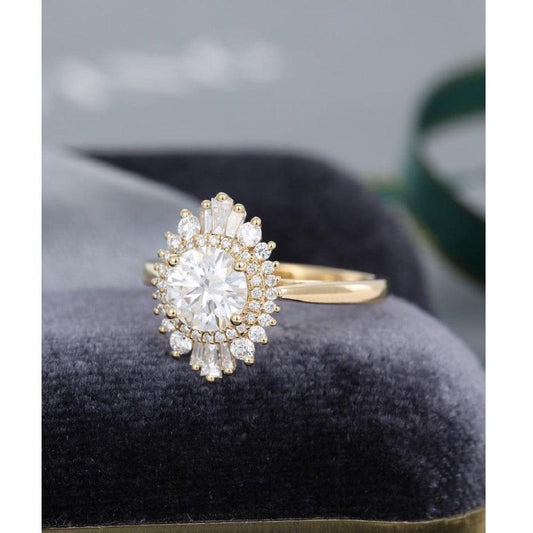 1.00CT Round Cut Vintage Halo Yellow Gold Baguette Moissanite Engagement Wedding Ring - JBR Jeweler