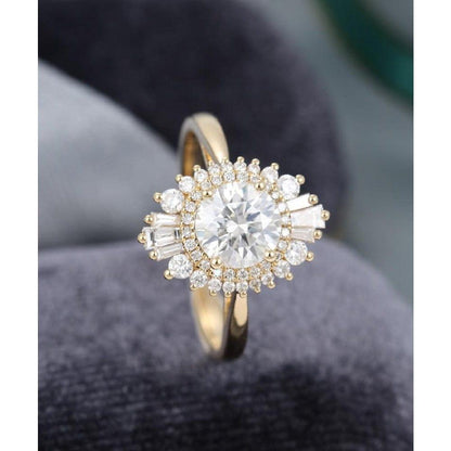 1.00CT Round Cut Vintage Halo Yellow Gold Baguette Moissanite Engagement Wedding Ring - JBR Jeweler