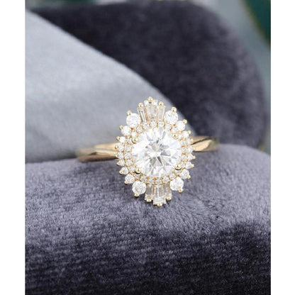 1.00CT Round Cut Vintage Halo Yellow Gold Baguette Moissanite Engagement Wedding Ring - JBR Jeweler