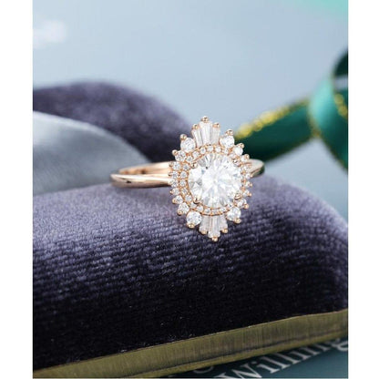 1.00CT Round Cut Vintage Halo Yellow Gold Baguette Moissanite Engagement Wedding Ring - JBR Jeweler