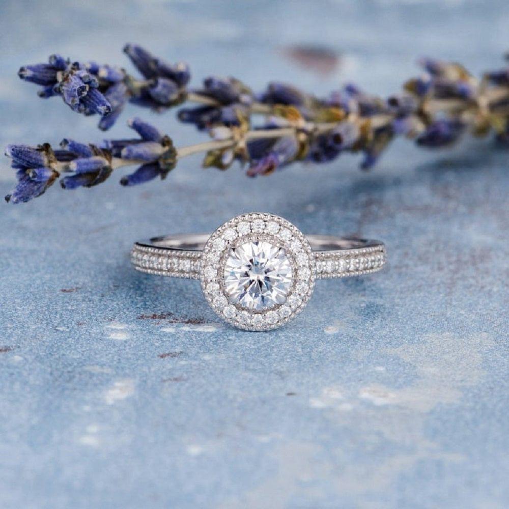 1.00CT Round Cut White Gold Beaded Antique Retro Halo Set Moissanite Engagement Ring - JBR Jeweler