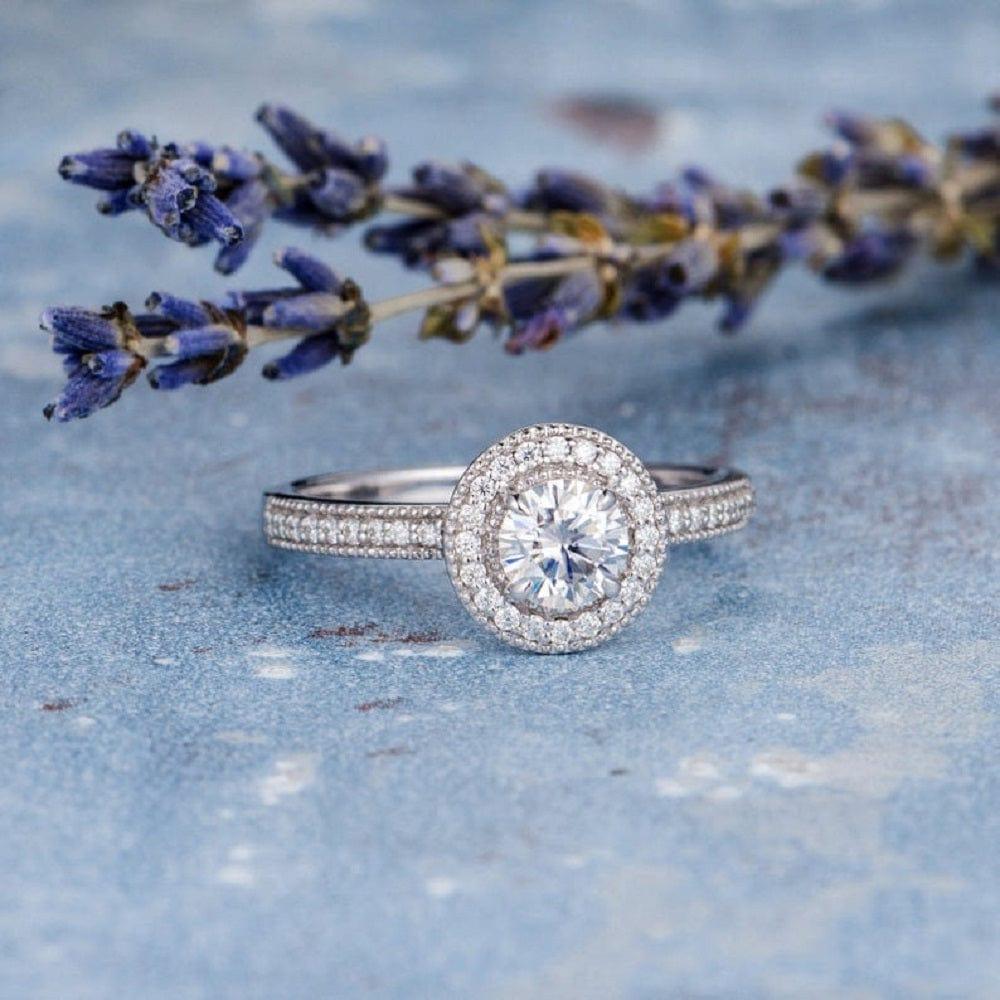 1.00CT Round Cut White Gold Beaded Antique Retro Halo Set Moissanite Engagement Ring - JBR Jeweler