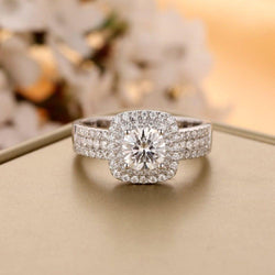 1.00CT Round Cut White Gold Brilliant Double Halo Moissanite Engagement Wedding Ring - JBR Jeweler